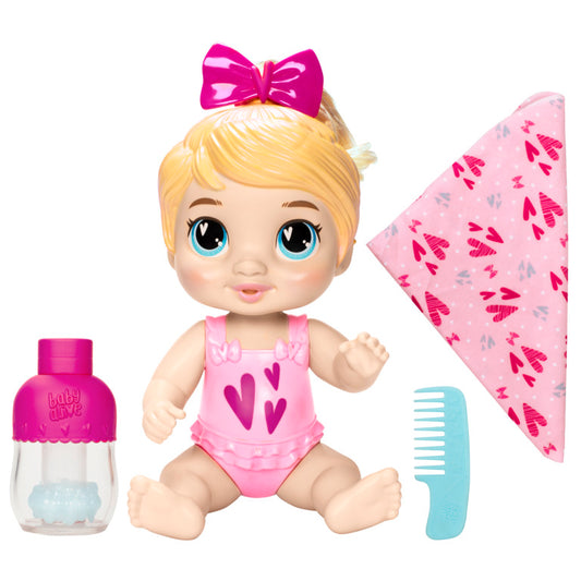 Muñeca Baby Alive rubia con traje rosa, accesorios y pañuelo de estampado rosa