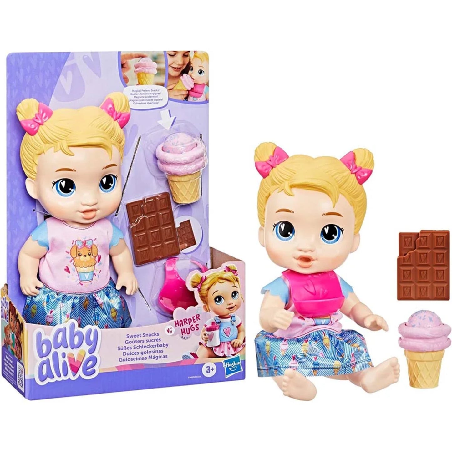 Muñeca interactiva Baby Alive con ropa de helado y accesorios en caja