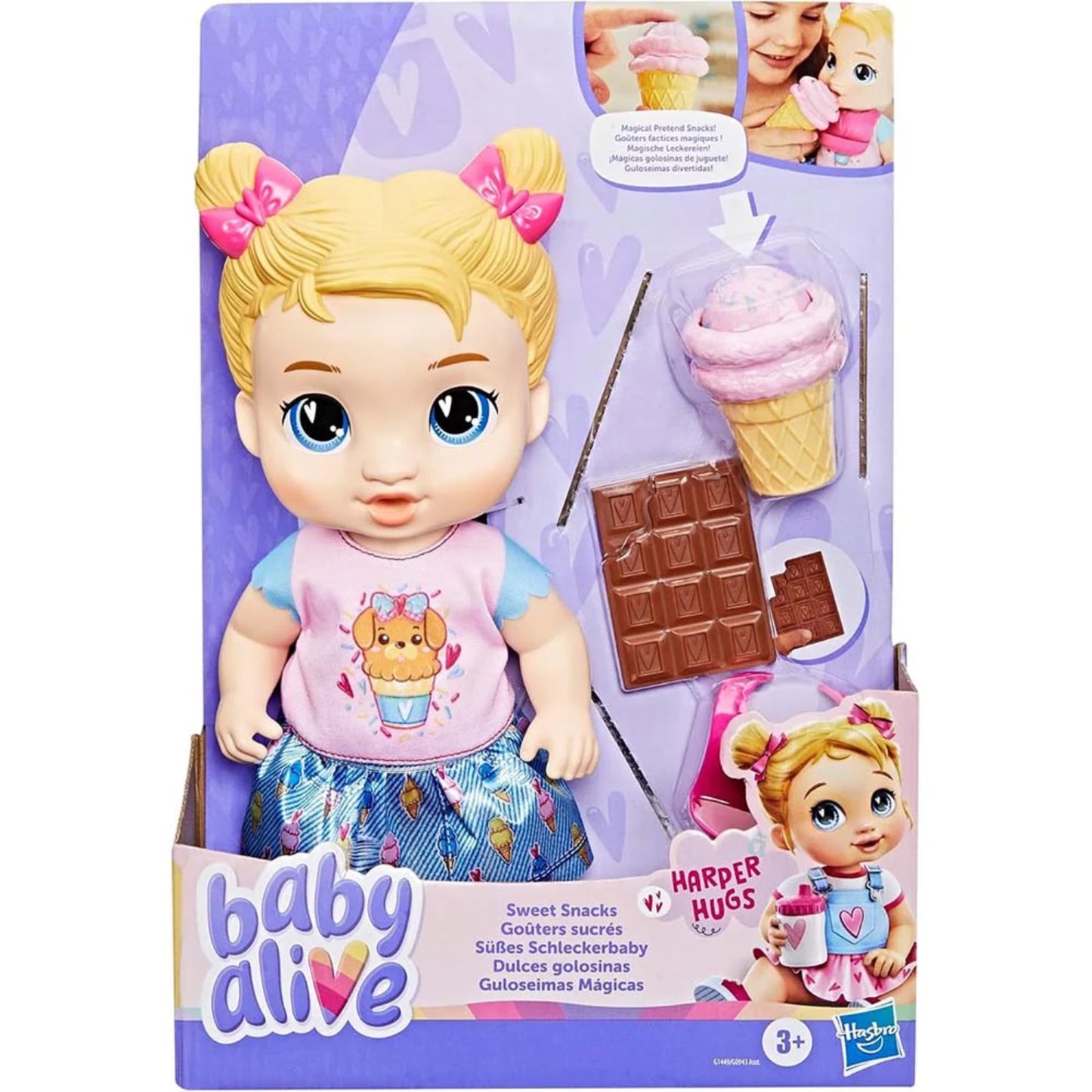 Muñeca interactiva Baby Alive con ropa colorida y accesorios de comida