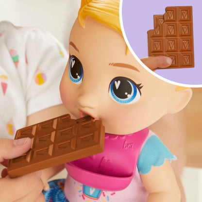 Muñeca interactiva BABY ALIVE comiendo chocolate, vista frontal, diversión para niños