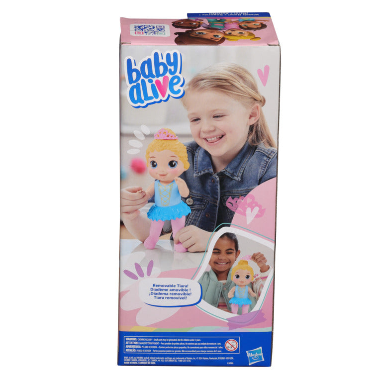 Muñeca Princesa Baby Alive, color azul y rosa, vista frontal en caja, para niñas que juegan a ser mamás