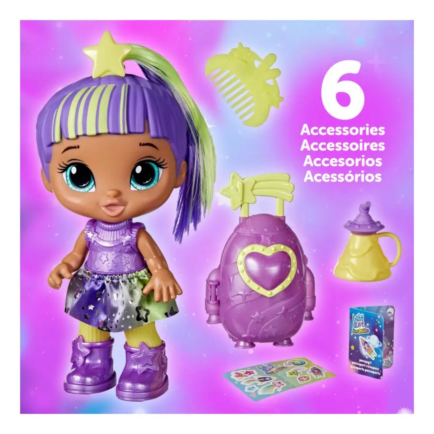 Muñeca colorida con accesorios, vista frontal, juguetes para niños