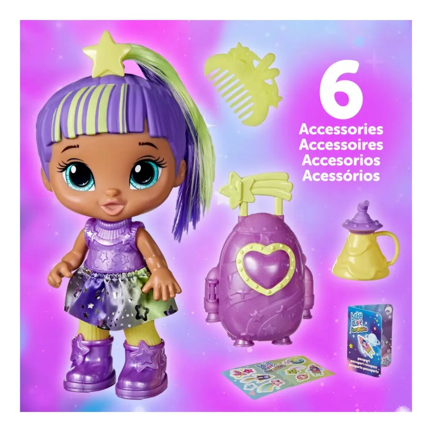 Muñeca colorida con accesorios, vista frontal, juguetes para niños