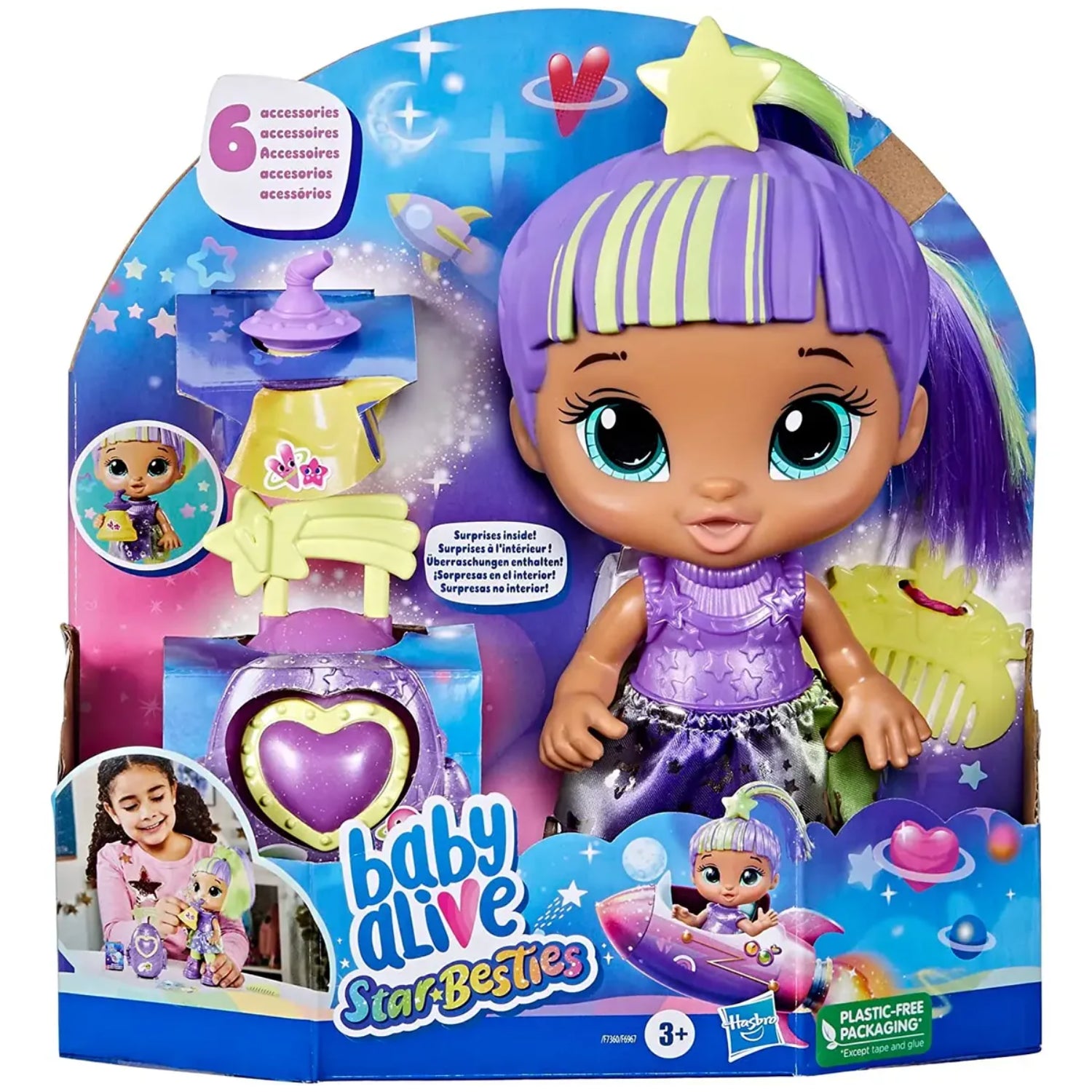 Muñeca Baby Alive Star-Besties con accesorios, color púrpura, vista frontal