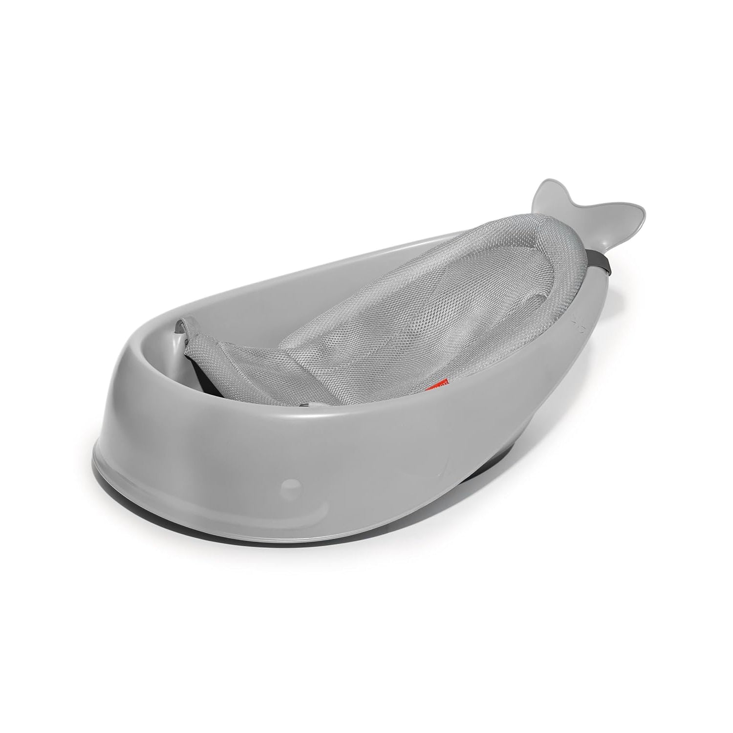 Bañera con hamaca para bebé gris, vista lateral, diseño en forma de ballena
