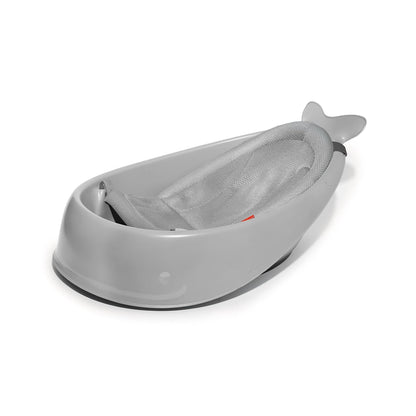 Bañera con hamaca para bebé gris, vista lateral, diseño en forma de ballena