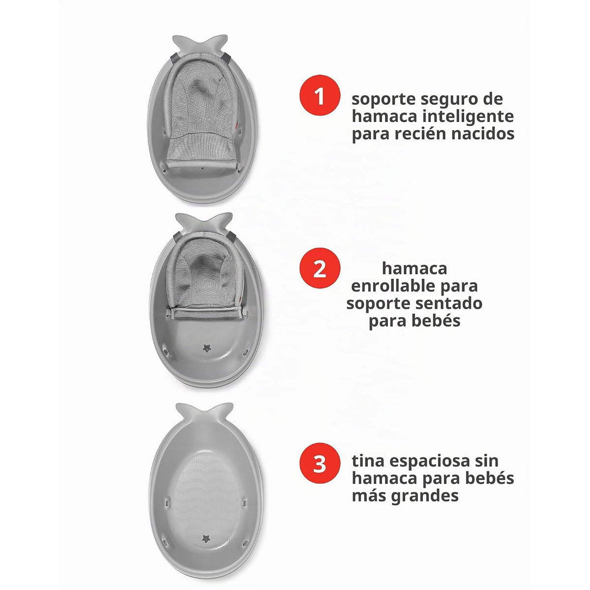 Bañera con hamaca para bebe gris, vista frontal con instrucciones para uso.