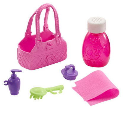 Accesorios de Barbie: bolsa rosa, botella, herramientas de peinado y tela de limpieza