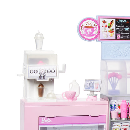 Barbie máquina de café rosa, vista frontal con menú y accesorios