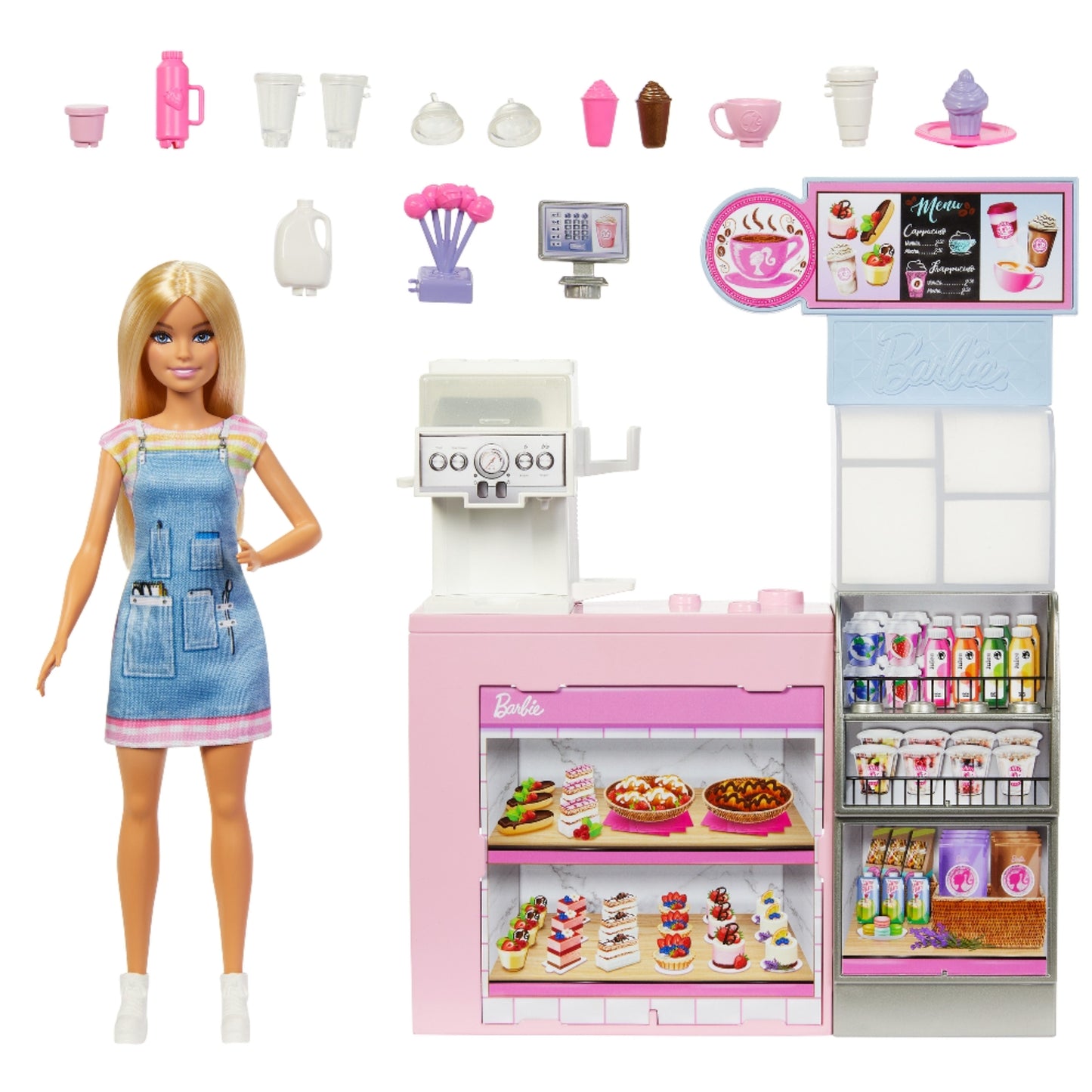 Barbie con set de cafetería rosa, incluye máquina, postres y accesorios