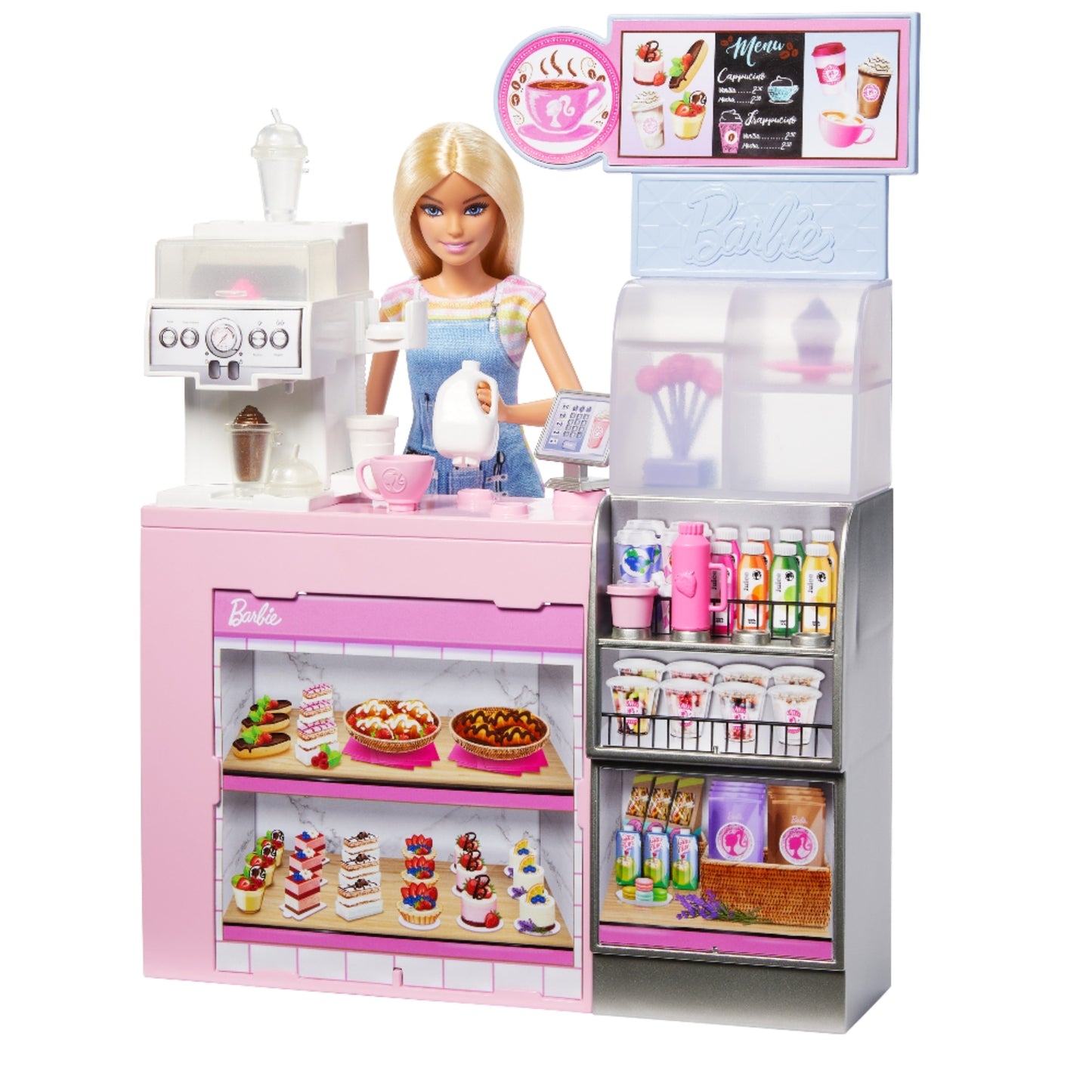 Barbie en heladería rosa, con accesorios y postres variados en exhibición