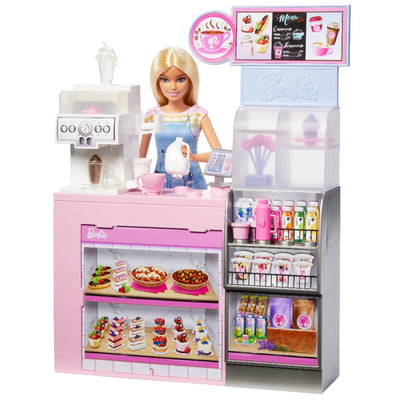 Barbie en heladería rosa, con accesorios y postres variados en exhibición