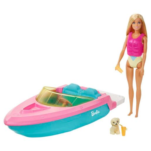 Barco de Barbie rosa y turquesa con muñeca y cachorro, vista lateral