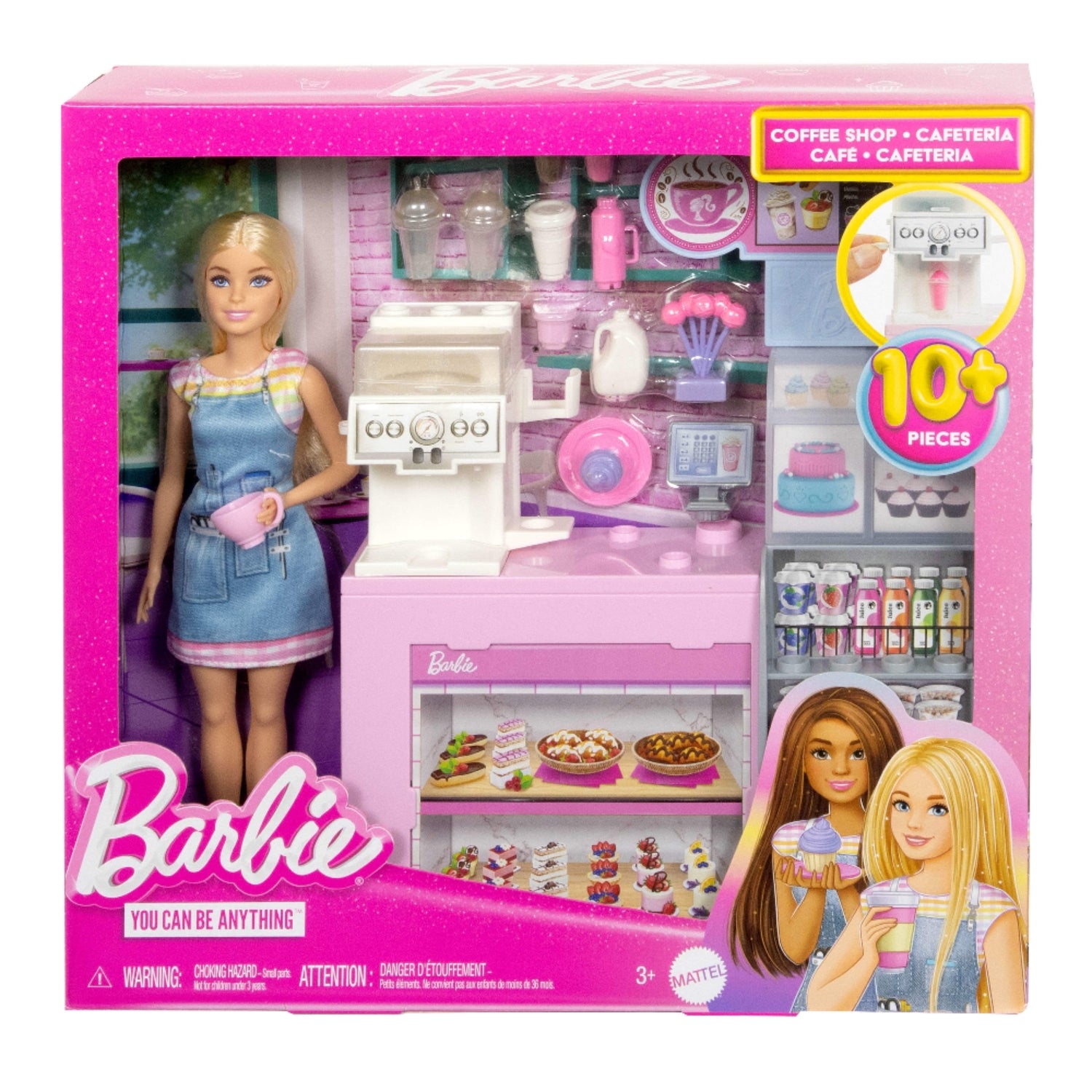 Cafetería Barbie rosa con muñeca y accesorios de cocina, vista frontal del producto