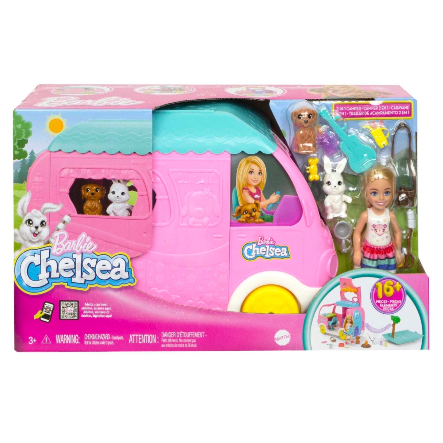 Caravana Barbie Chelsea rosa con muñeca y accesorios en un ambiente divertido