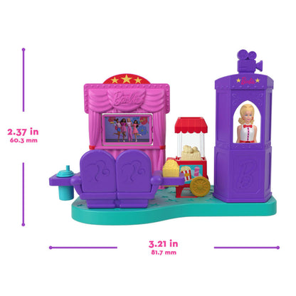 set de cine Barbie con decoración en rosa y morado, muñeca Barbie incluida