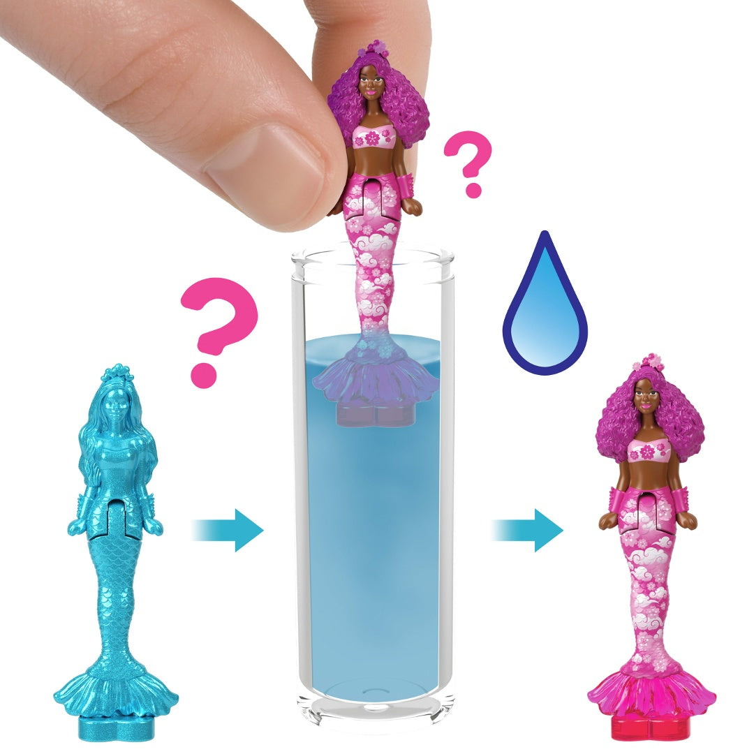 Barbie Color Reveal sirena en tubo, proceso de transformación de color