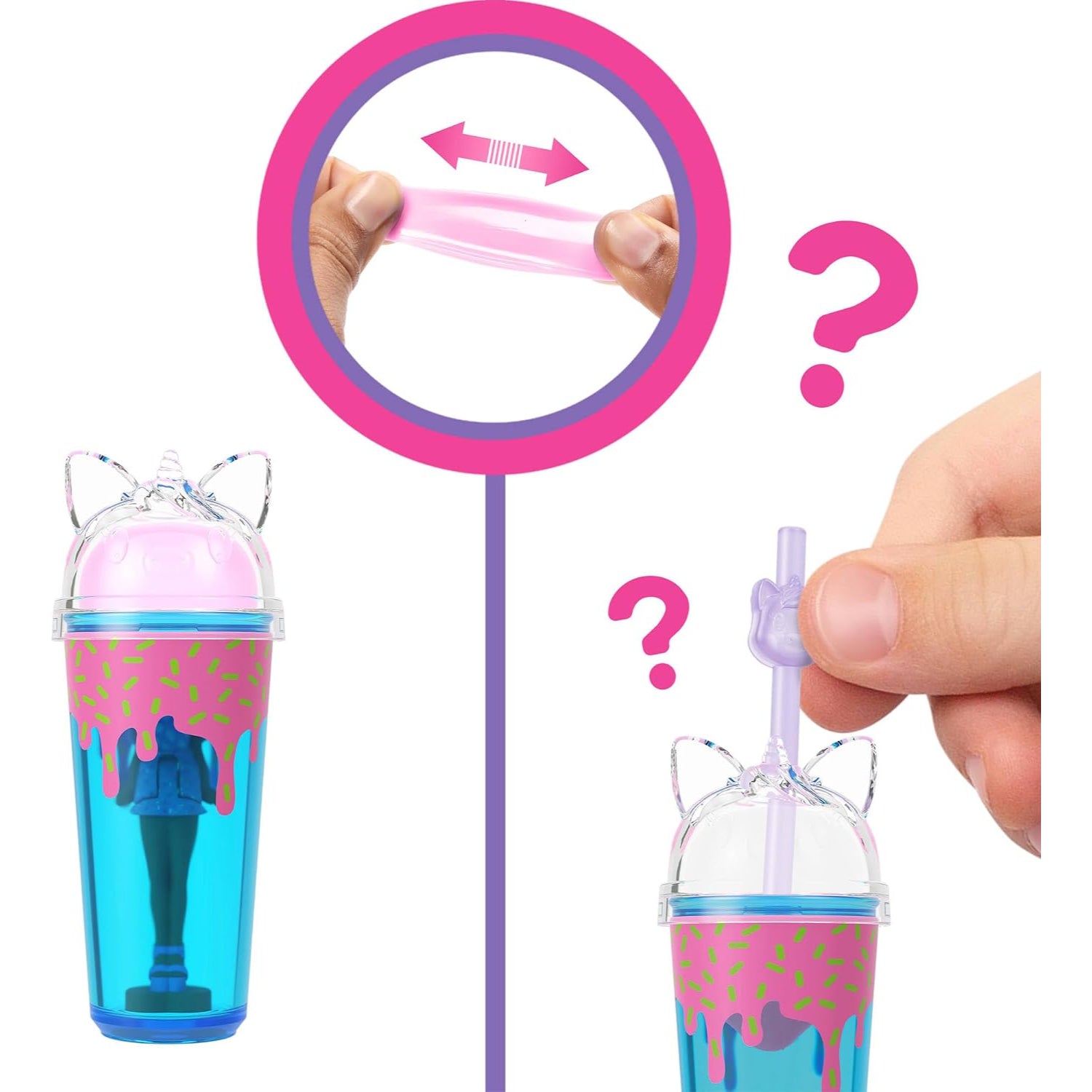 Vaso Barbie Color Reveal con efecto de sorpresa y diseño de dona, mostrando el uso de la pajilla
