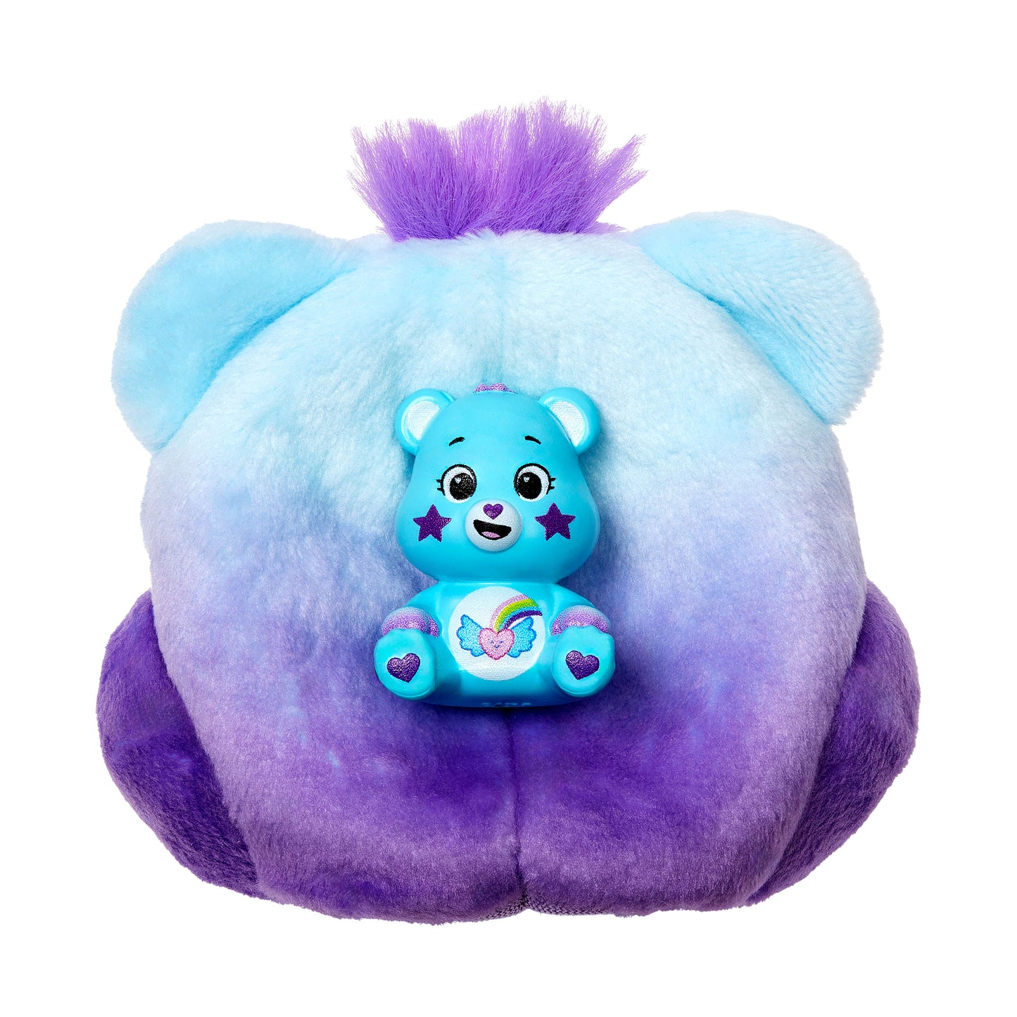 Muñeco de peluche Barbie en colores azul y morado con oso en el centro