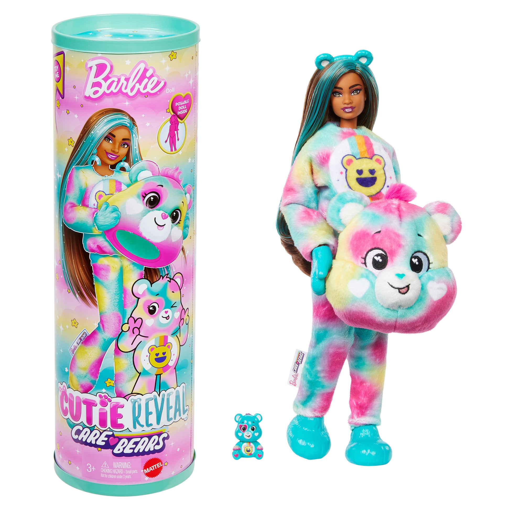 Muñeca Barbie con disfraz de oso y mochila colorida, presentación en tubo