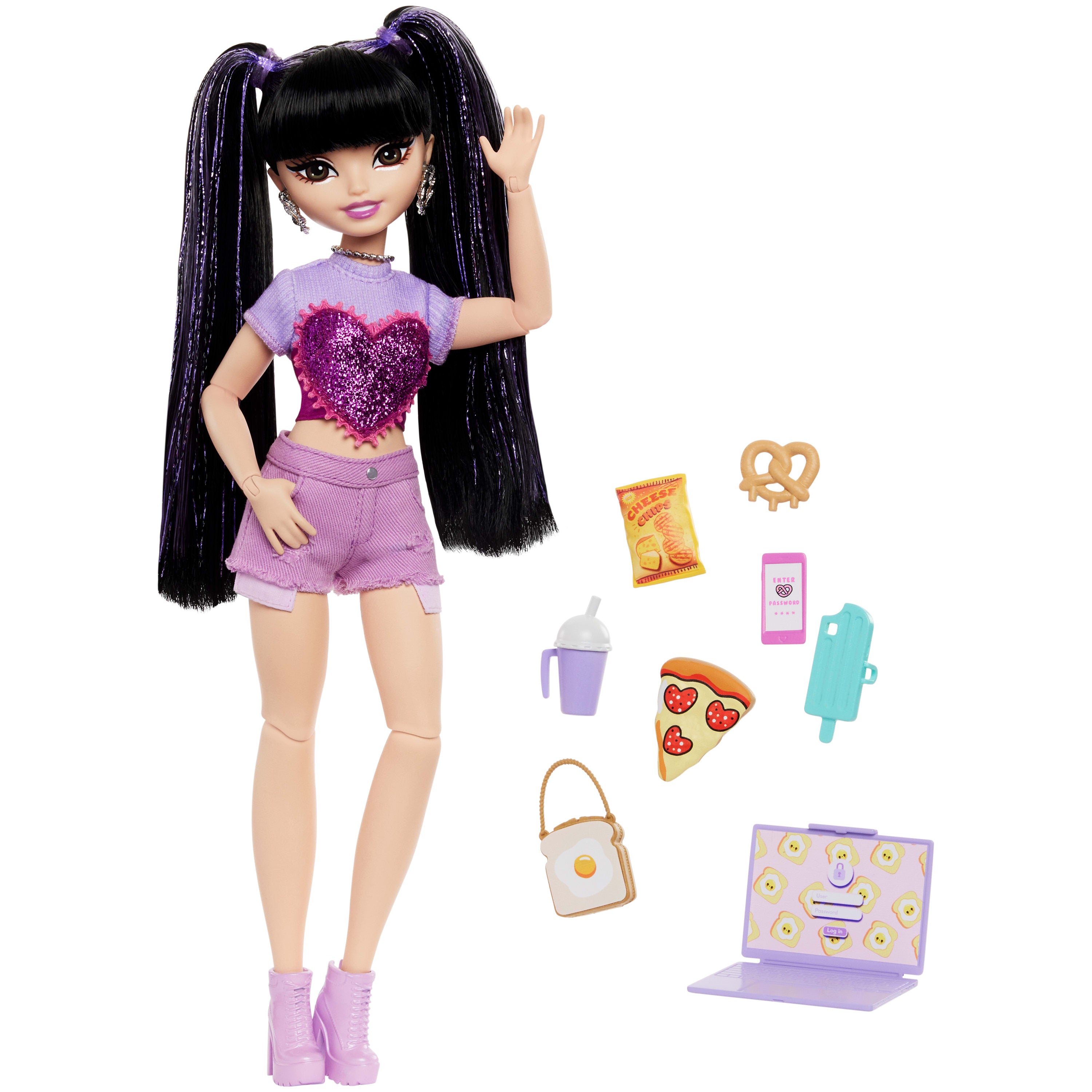 Muñeca Barbie con vestuario morado, accesorios y comida en la mesa