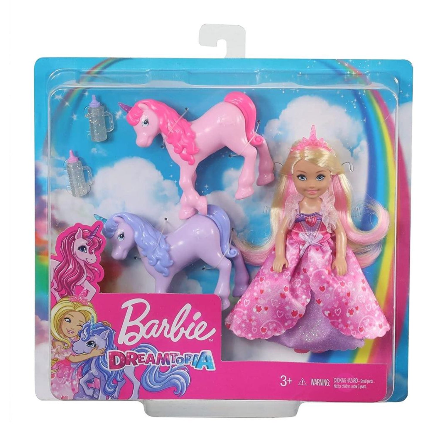 Barbie de Dreamtopia con dos unicornios, rosa y púrpura, en empaque colorido