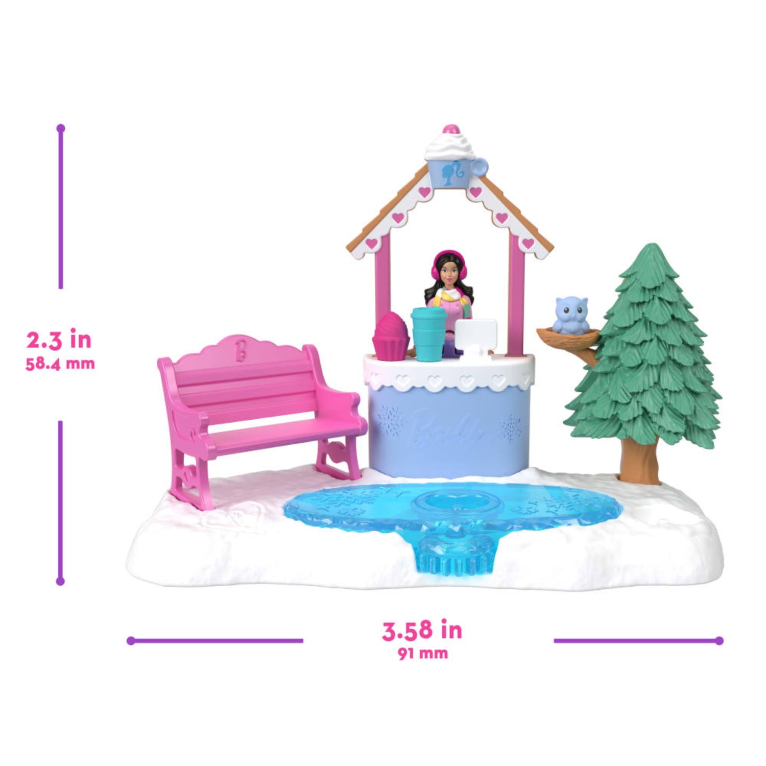 Barbie figura de parque con banco rosa y estanque azul, vista frontal