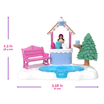 Barbie figura de parque con banco rosa y estanque azul, vista frontal