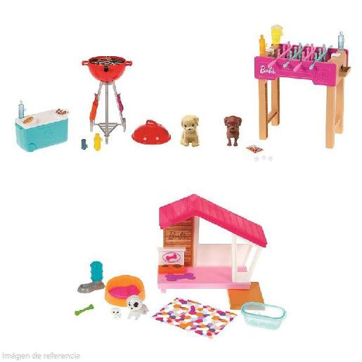 Juguete Barbie con parrilla, perritos y casita rosa, vista completa