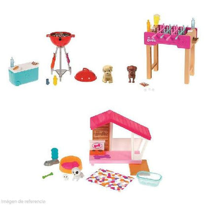 Juguete Barbie con parrilla, perritos y casita rosa, vista completa