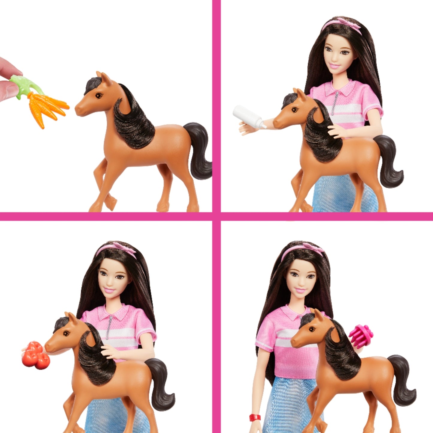 Muñeca Barbie con caballo, interacción con zanahorias y fresas