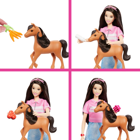Muñeca Barbie con caballo, interacción con zanahorias y fresas