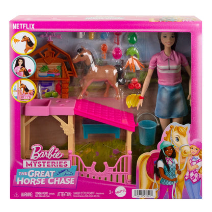 Muñeca Barbie de Netflix en establo colorido con caballo y accesorios de juego