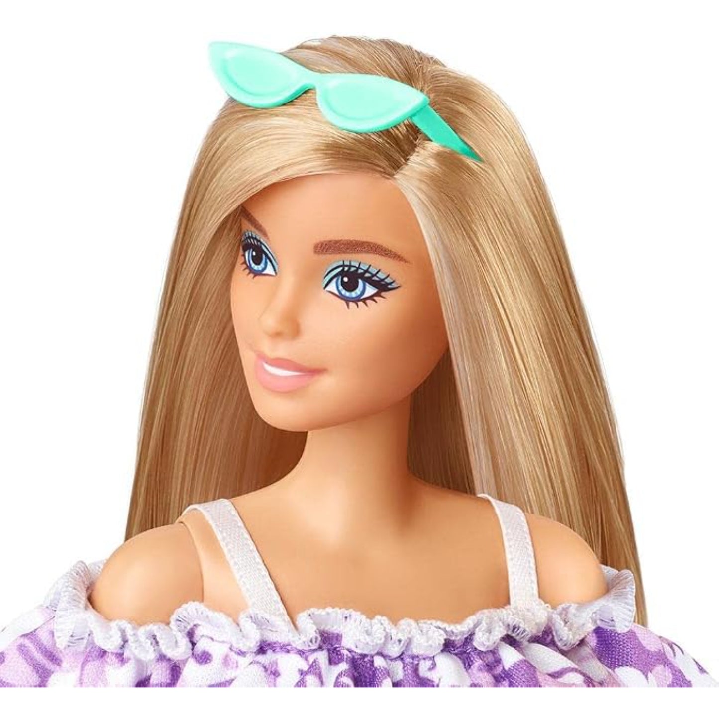 Muñeca Barbie Malibu con gafas turquesa y cabello rubio, vista frontal