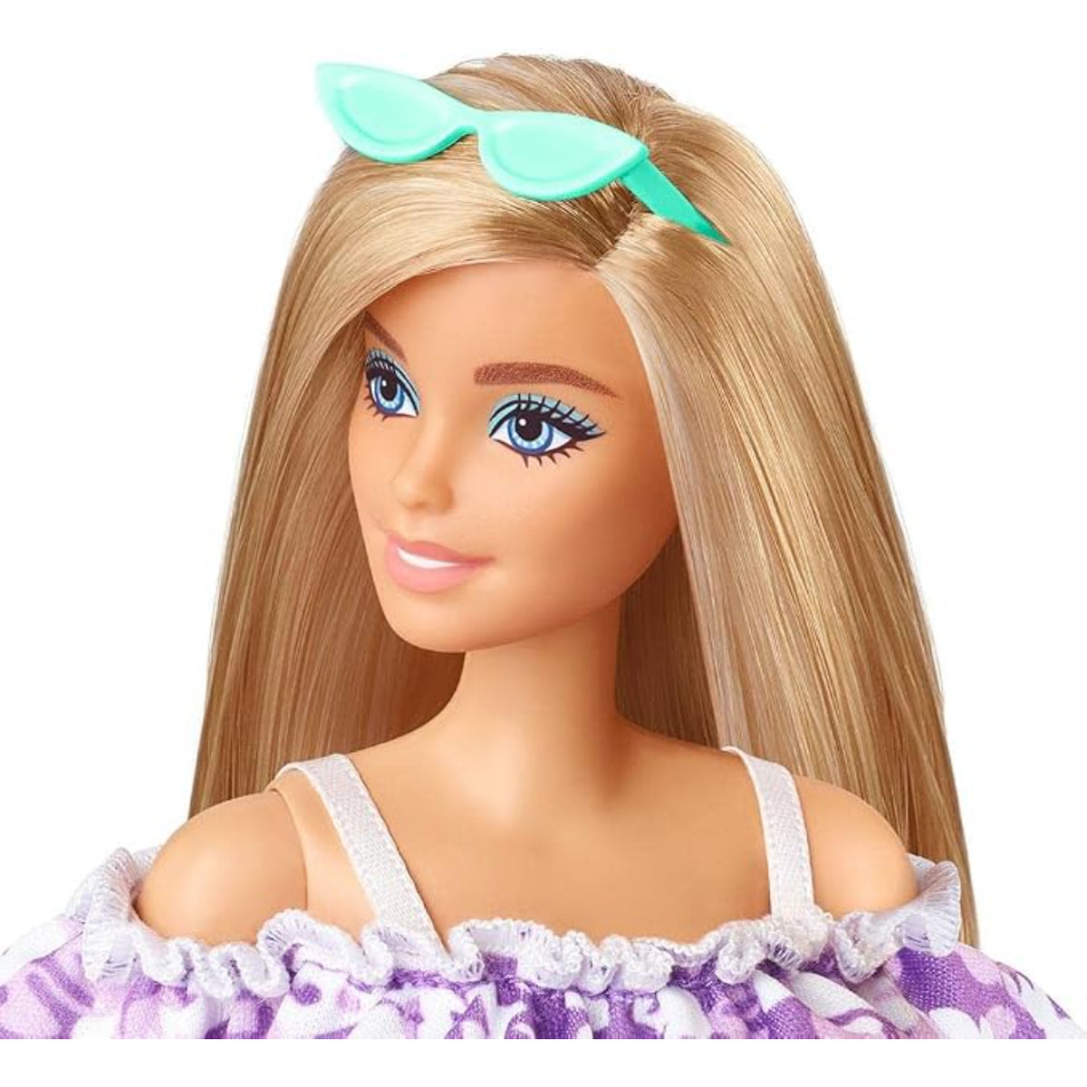 Muñeca Barbie Malibu con gafas turquesa y cabello rubio, vista frontal