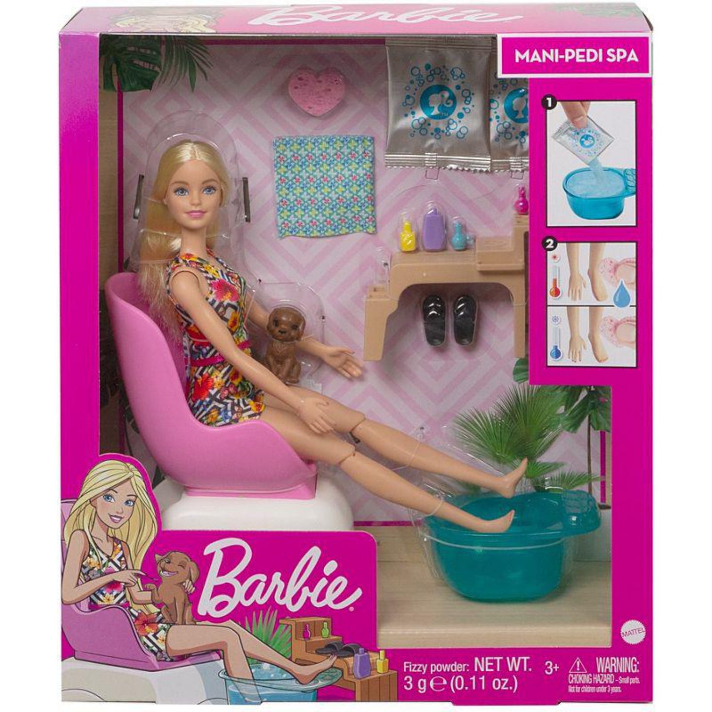 Barbie en spa mani-pedi rosa, con accesorios y perro en entorno relajante