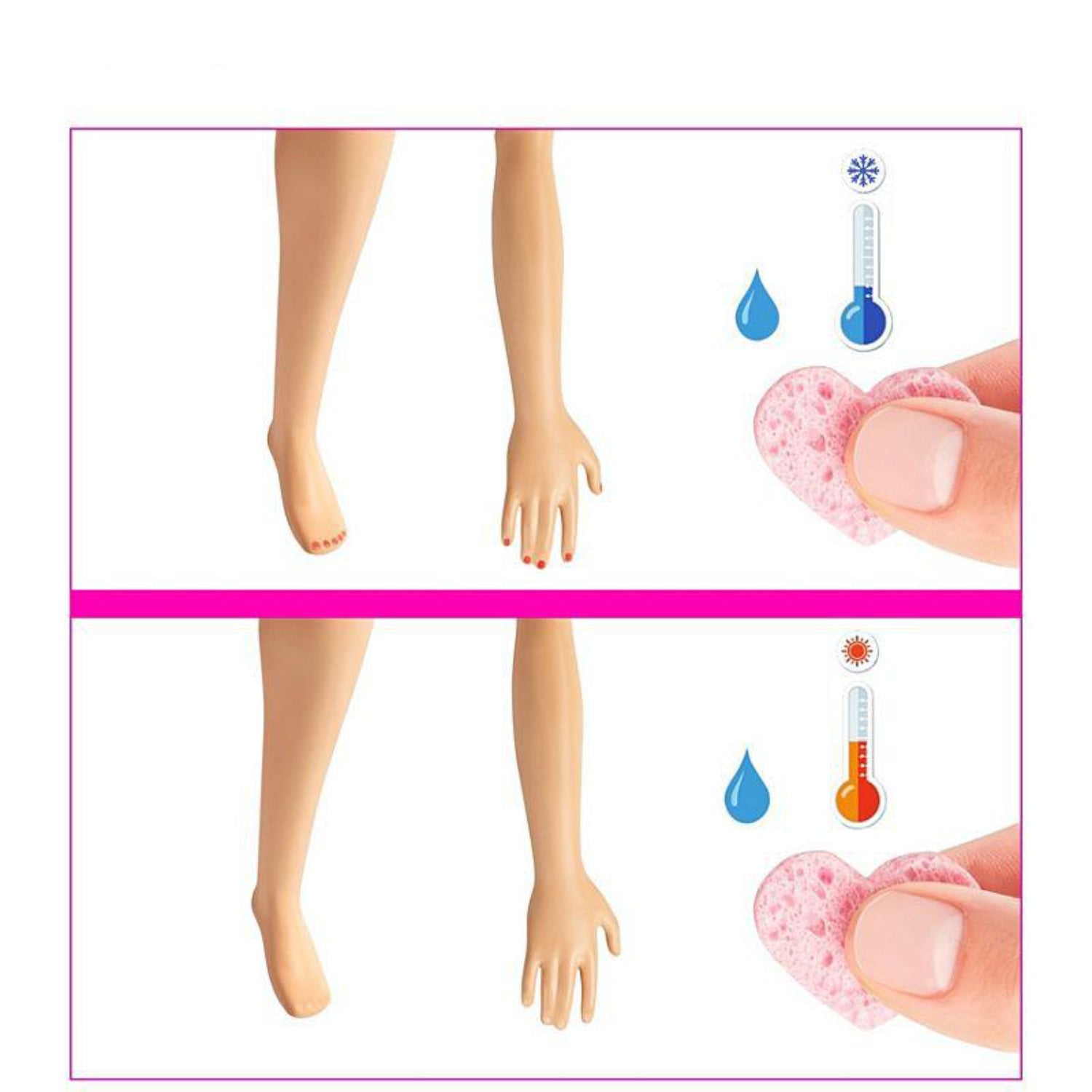 Barbie muñeca, brazo con cambios de temperatura, vista frontal