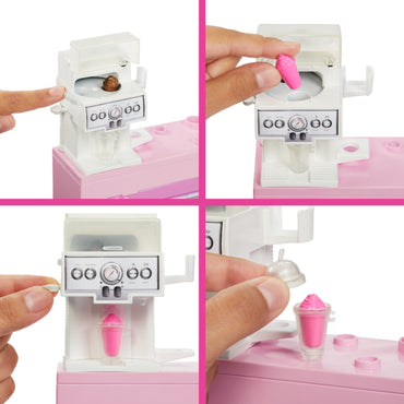 Mini nevera Barbie rosa, vista frontal mostrando helados en uso y detalles funcionales