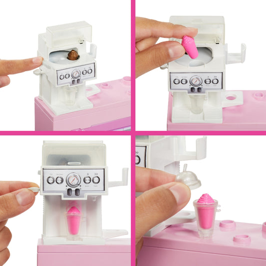 Mini nevera Barbie rosa, vista frontal mostrando helados en uso y detalles funcionales