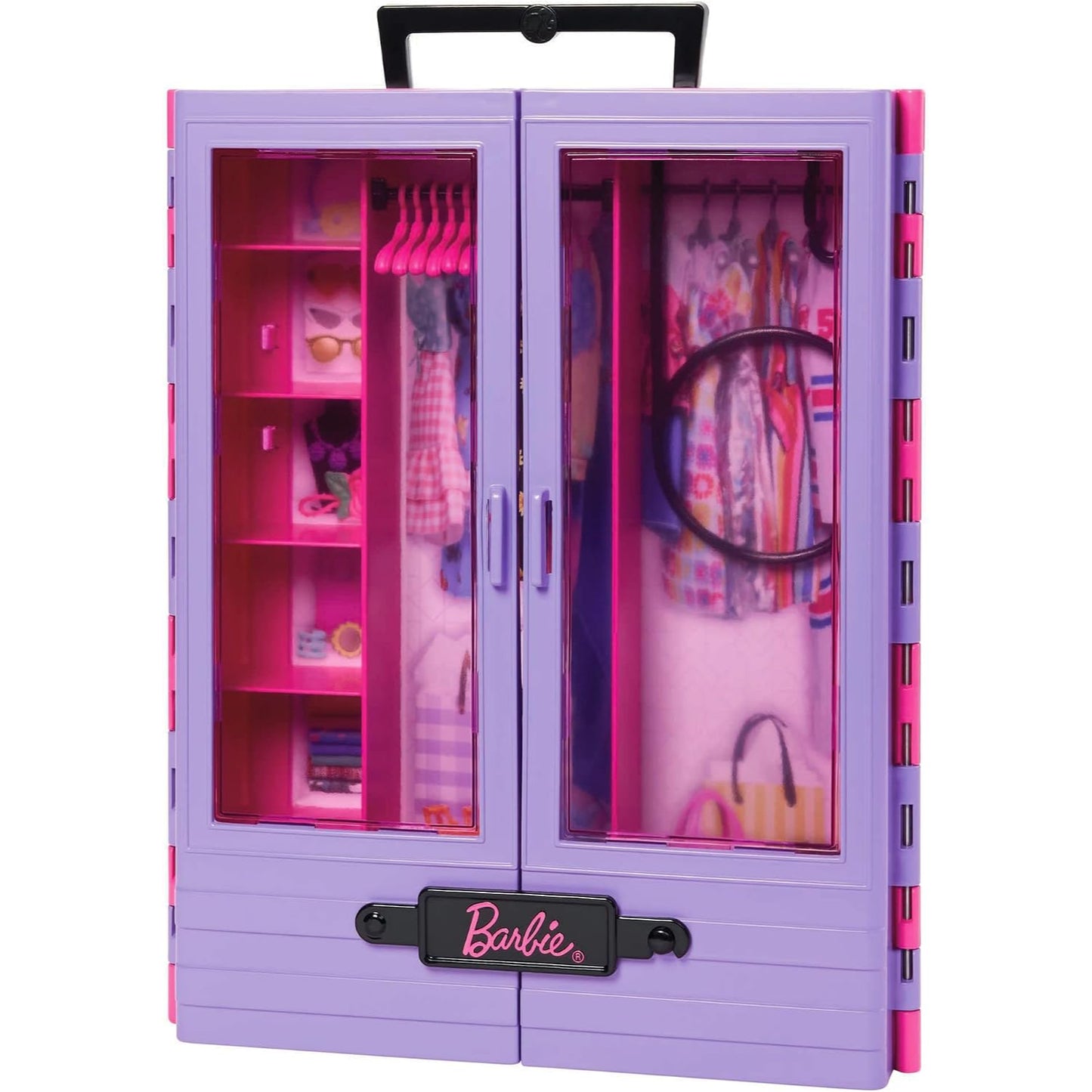 Muñeca Barbie armario morado con ropa y accesorios, vista frontal