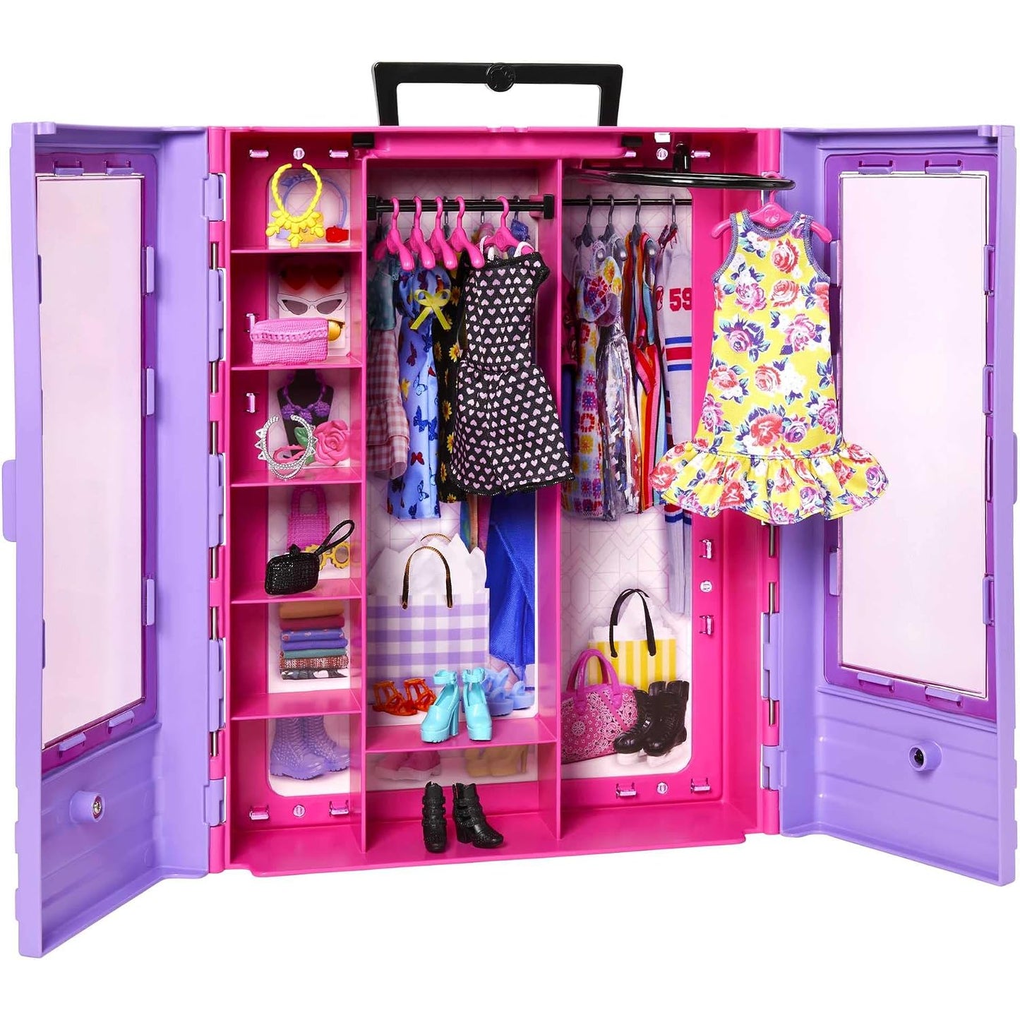 Maletín de muñeca Barbie con ropa y accesorios colorido, vista frontal y organizada