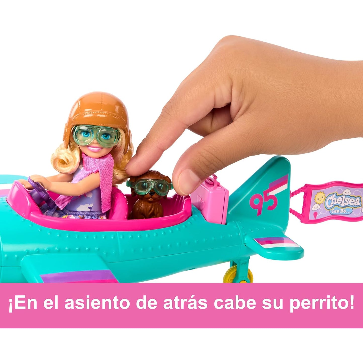 Muñeca Barbie en avión azul, jugando con perrito en el asiento trasero