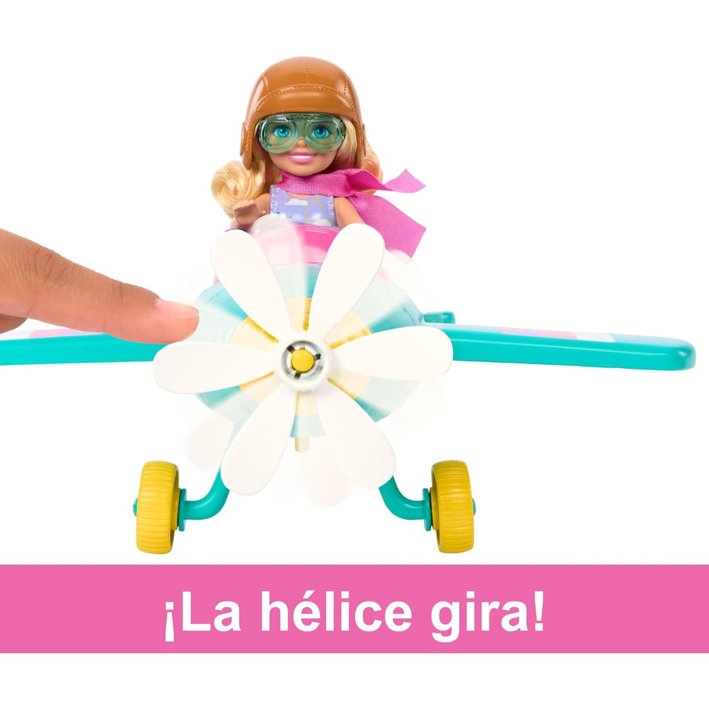Muñeca Barbie en avión de juguete con hélice giratoria, vista frontal