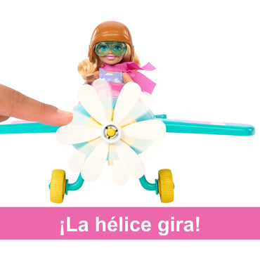 Muñeca Barbie en avión de juguete con hélice giratoria, vista frontal