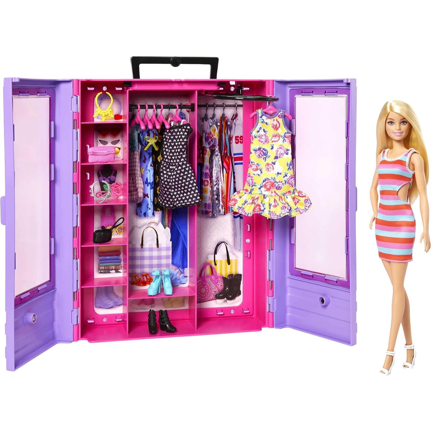 Muñeca Barbie con armario rosa, ropa y accesorios coloridos, vista frontal