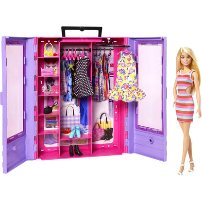 Muñeca Barbie con armario rosa, ropa y accesorios coloridos, vista frontal