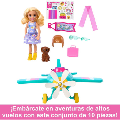 Muñeca Barbie Chelsea con avión de juguete y accesorios coloridos en un conjunto de 10 piezas