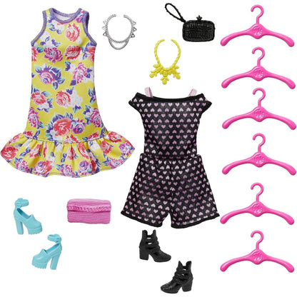 Ropa de muñeca Barbie, vestido floral amarillo y conjunto negro con corazones