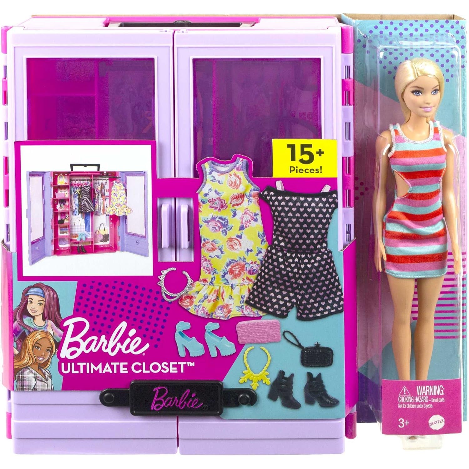 Muñeca Barbie con armario rosa y 15 piezas de ropa y accesorios