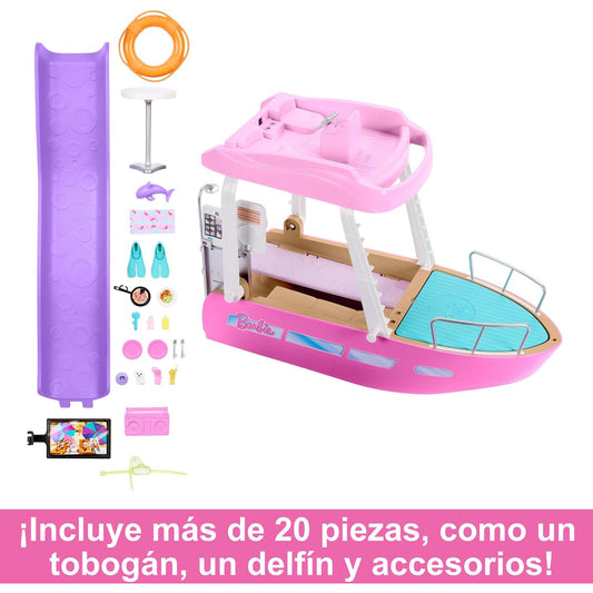 Barbie muñeca embarcación rosa con accesorios y tobogán en vista frontal